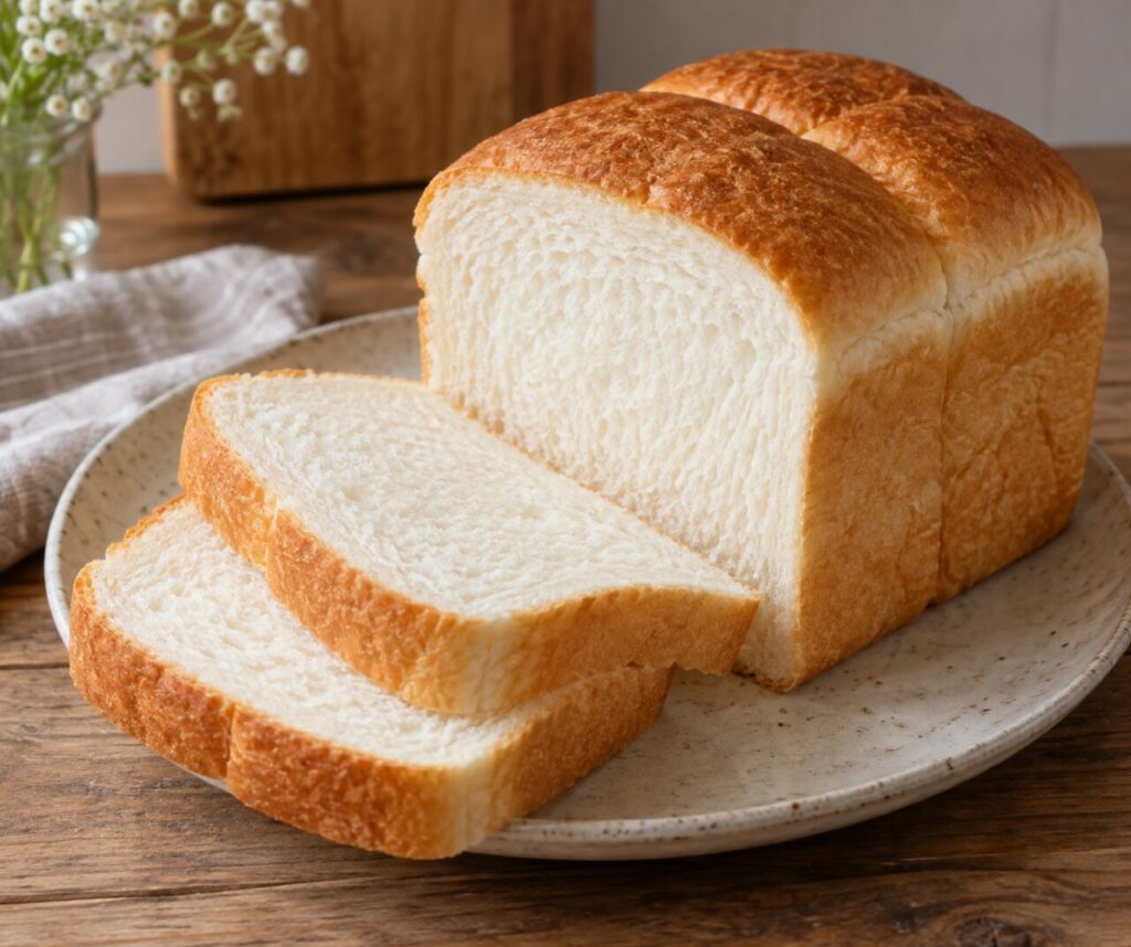 Sliced shokupan with fine white crumb on a ceramic plate