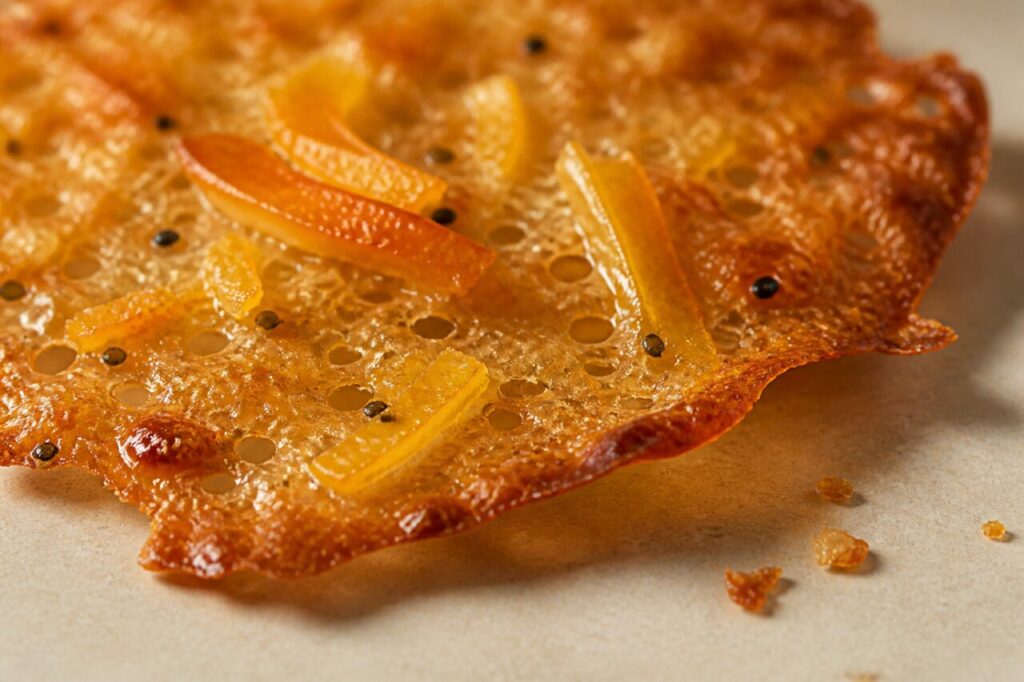Transparencia alveolada de la teja con naranja confitada y caramelo