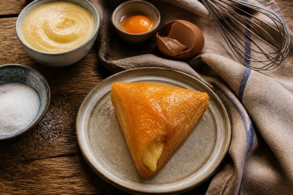 Phyllo triangle holds custard in trigona Panoramatos
