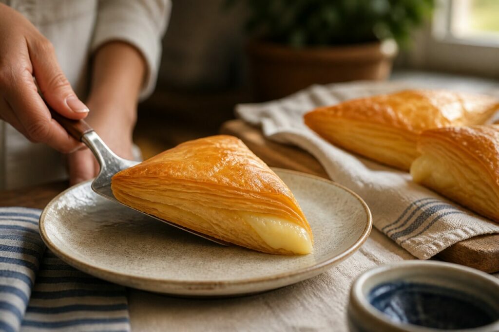 A cake server lifts one custard-filled trigona Panoramatos