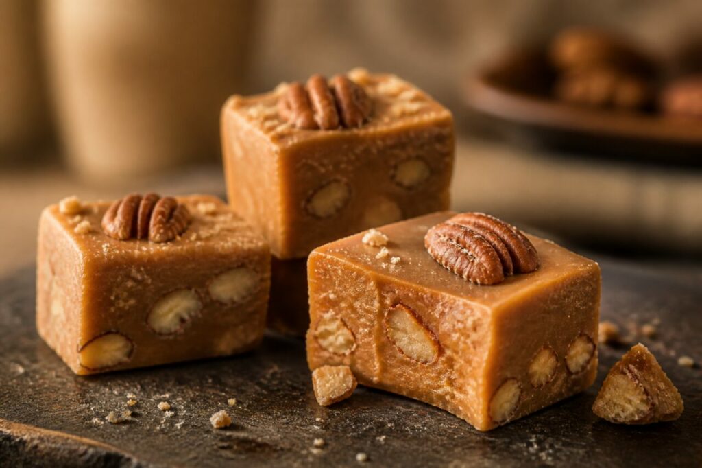 Três porções quadradas de fudge de castanha com nozes-pecãs