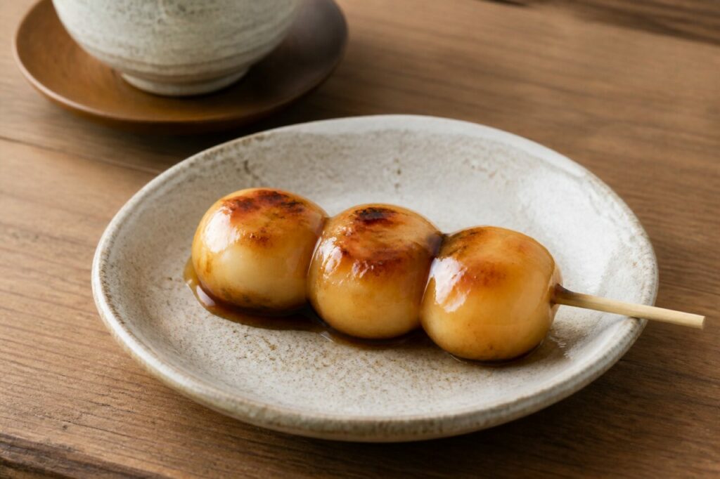 Tres bolas glaseadas forman la brocheta de mitarashi dango