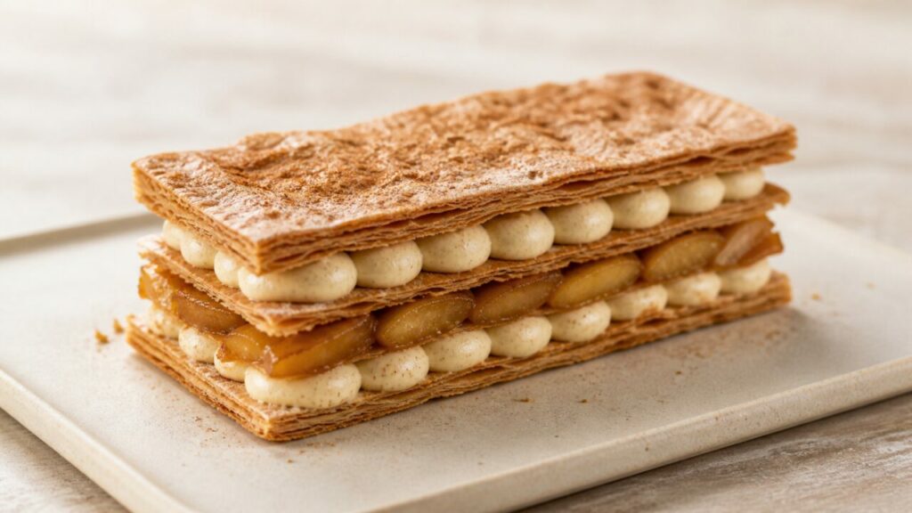 Trois couches dorées structurent le mille-feuille pommes-cannelle