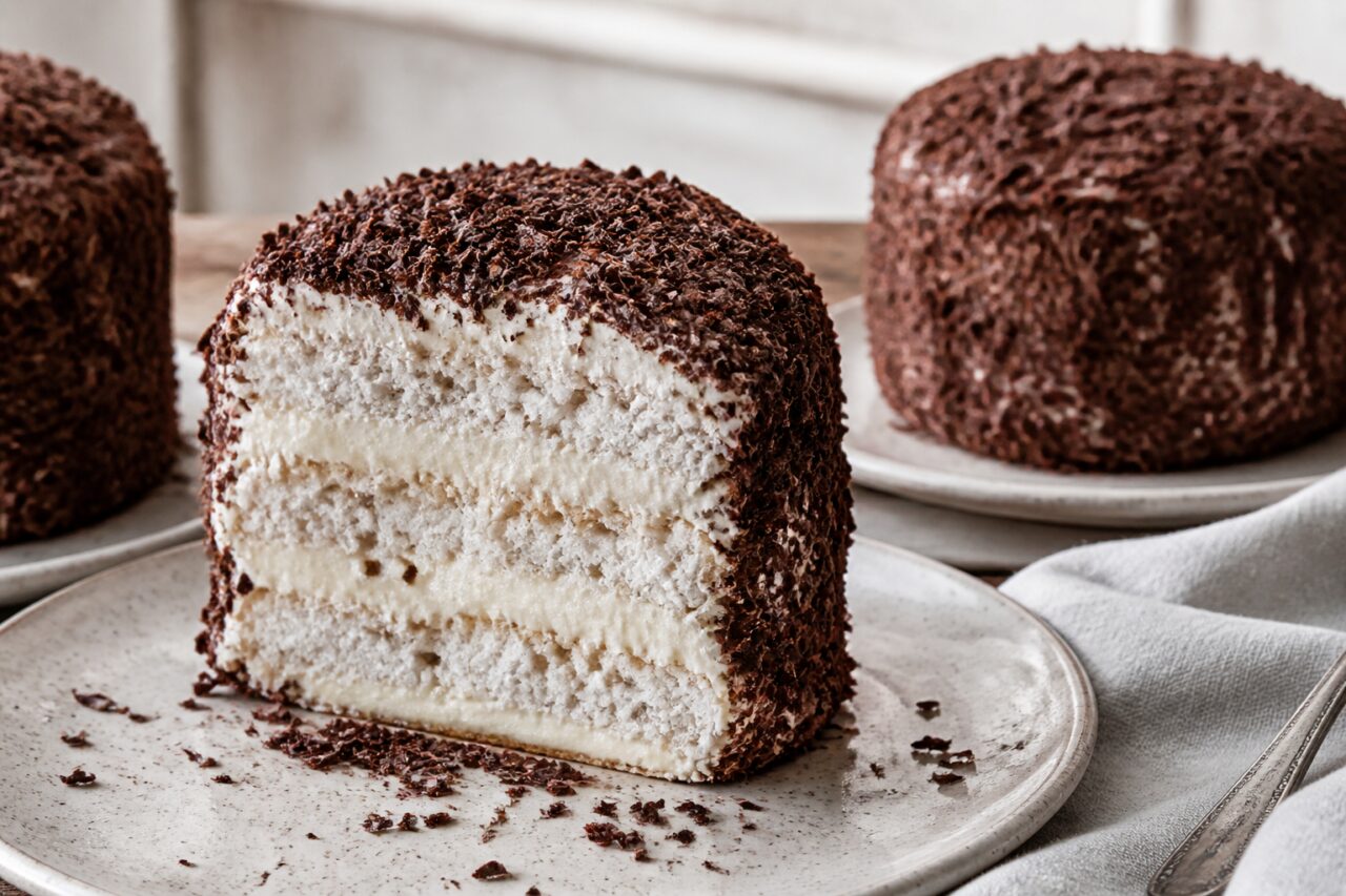 Meringue and cream form three pale tiers in the chocolate merveilleux