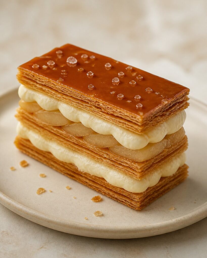 Trois étages croustillants dans le mille-feuille poire-caramel