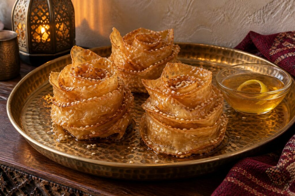 Across hammered brass, three Sephardic fazuelos called deblas gleam with lemon syrup and sesame