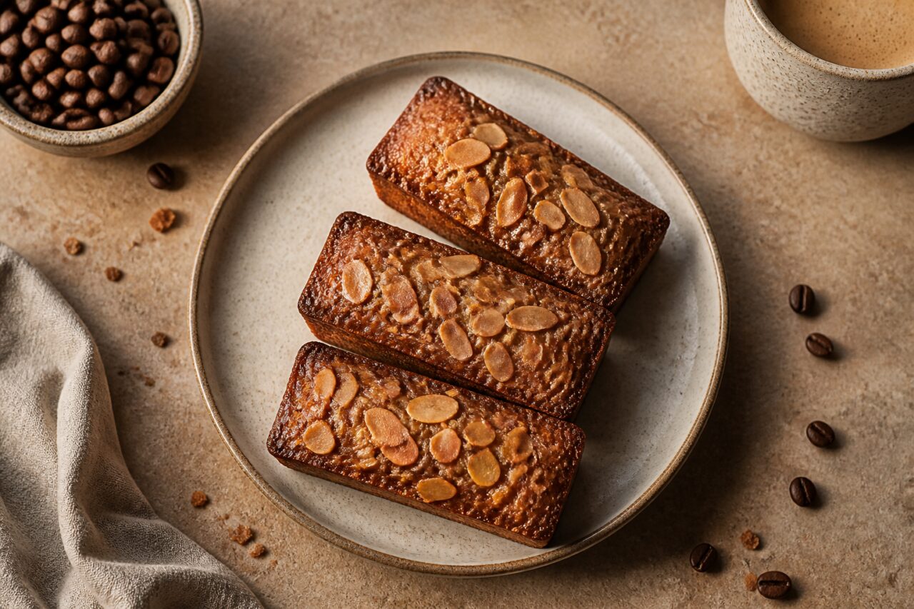 Three coffee financiers pair almond flakes with roasted beans