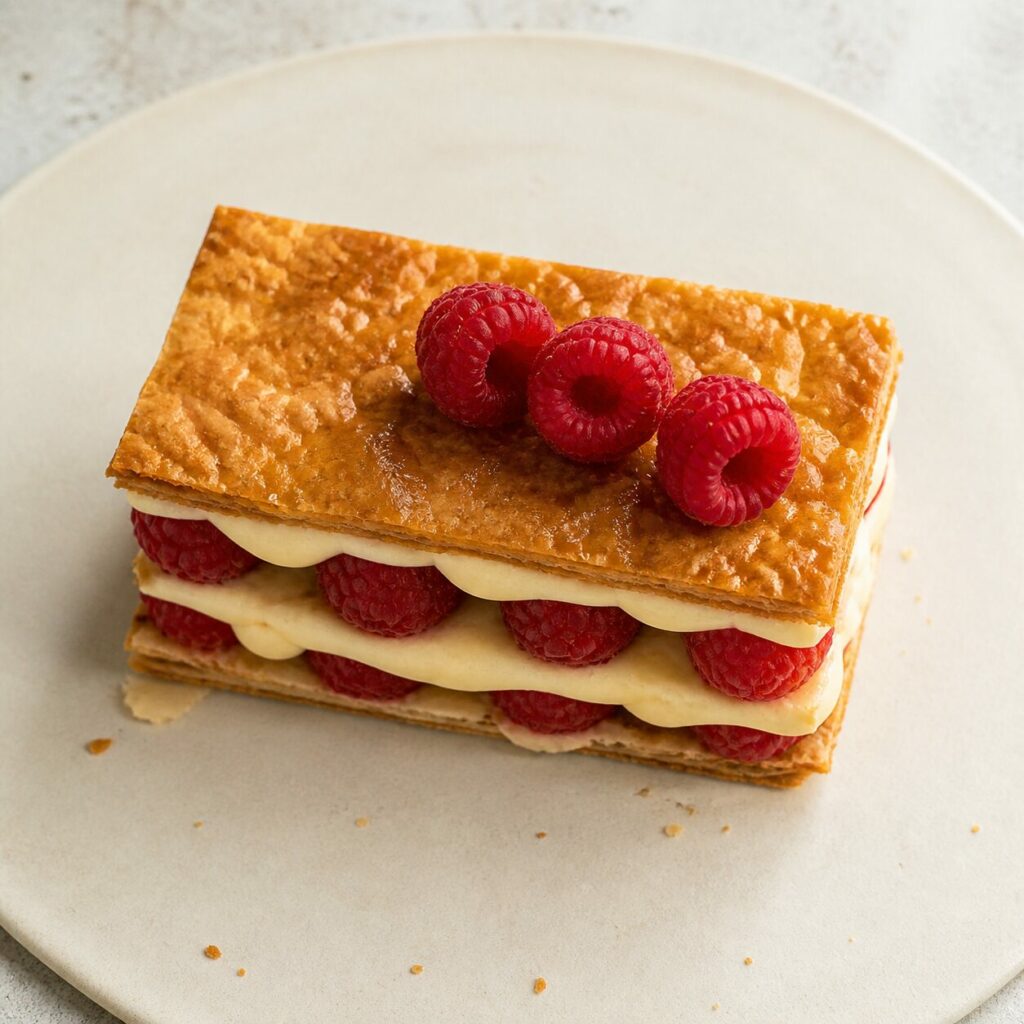 Trois framboises coiffent le mille-feuille aux framboises