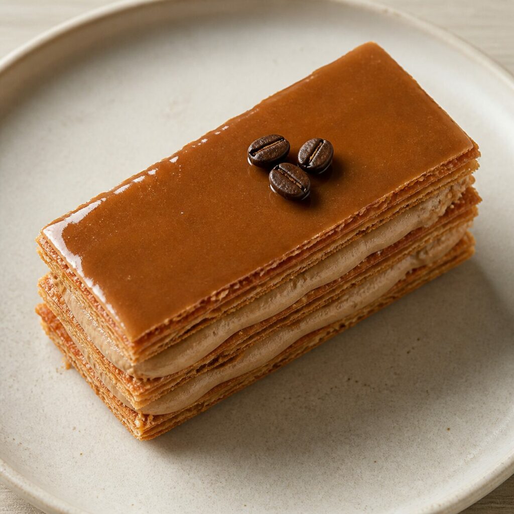 Trois grains ponctuent le mille-feuille café-moka carré