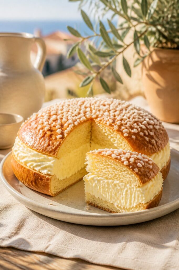 Bronzed brioche crowns the pale filling of the tarte tropézienne