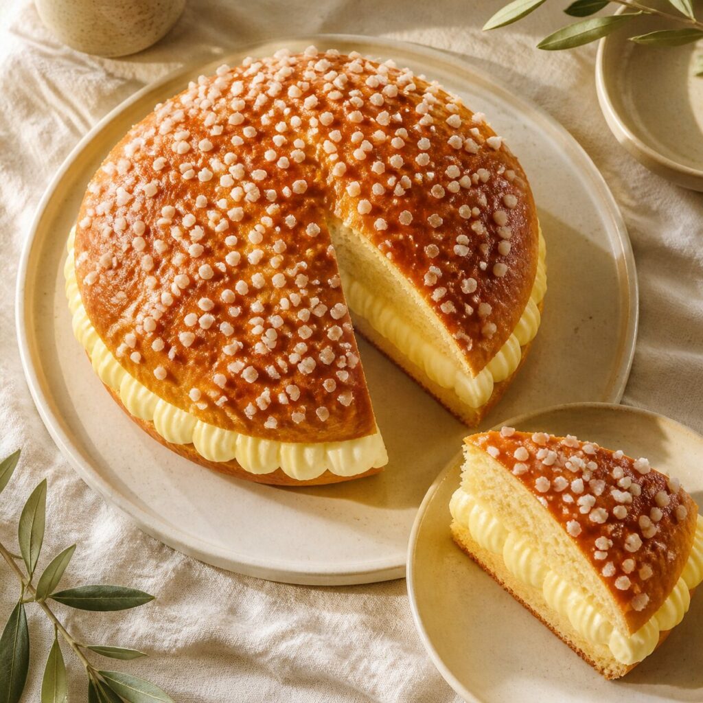 Onde di crema farciscono la tarte tropézienne tagliata