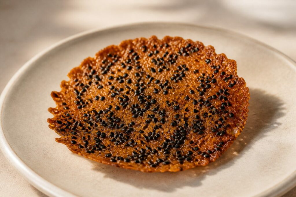 Tuile ronde au sésame noir posée sur l'assiette