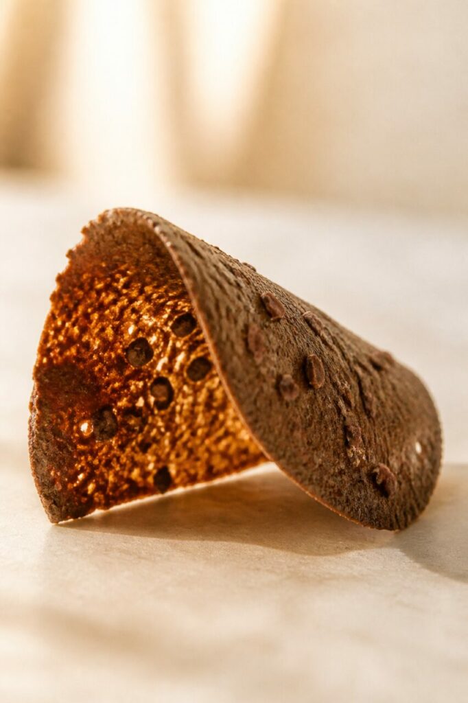 Twee gebogen cacaotuiles samen op het bord