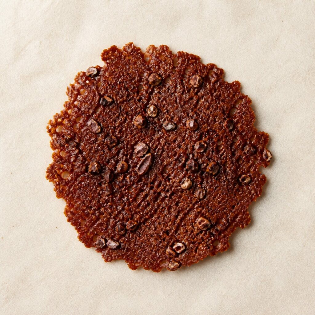 Kantwerk van cacao bestrooid met krokante nibs