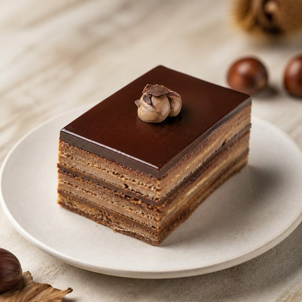 Chestnut-chocolate opera cake, almond sponge and cream