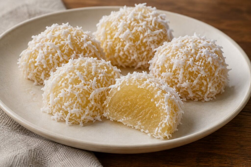 Cut pichi-pichi shows its translucent cassava centre