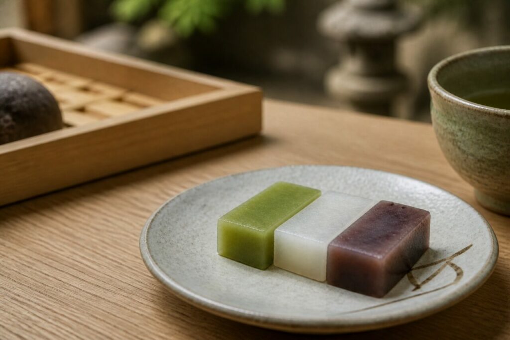 Tea accompanies Japanese uirō in ivory, green and purple