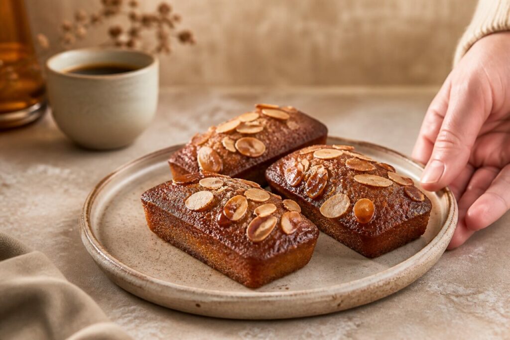 Almond-topped coffee financiers fill a plate held in one hand