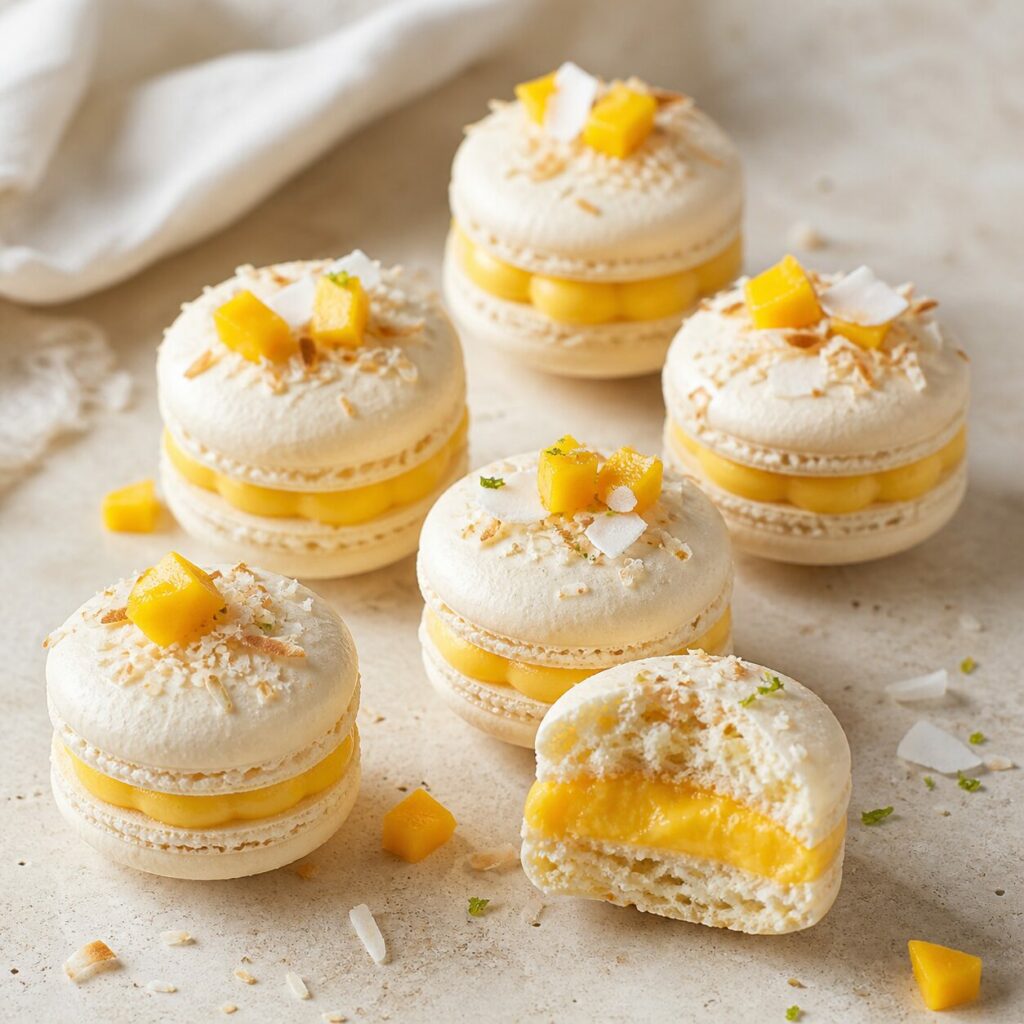 Une bouchée révèle la garniture jaune du macaron coco-mangue