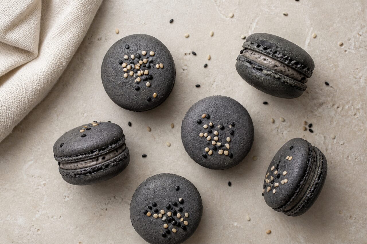 Sesame ganache fills this delicate macaron