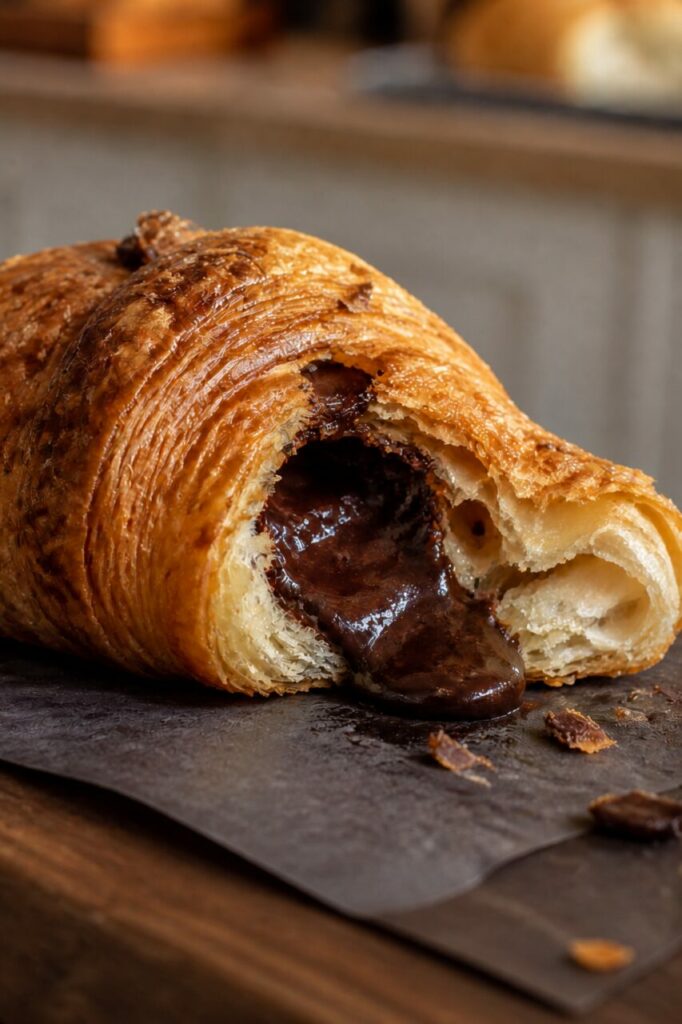 Une ganache noire coule de ce croissant feuilleté