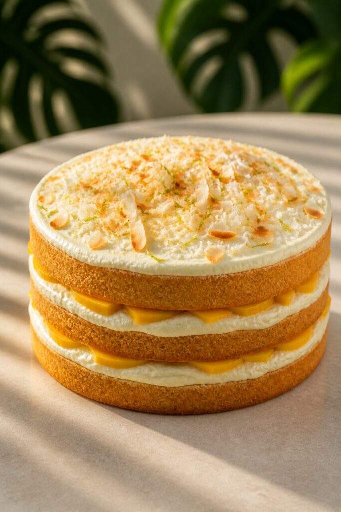Coconut-mango-lime cake, sponge and fresh mango