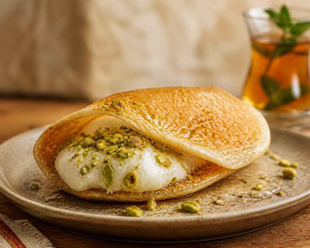 A golden shell cradles pistachio cream in qatayef asafiri