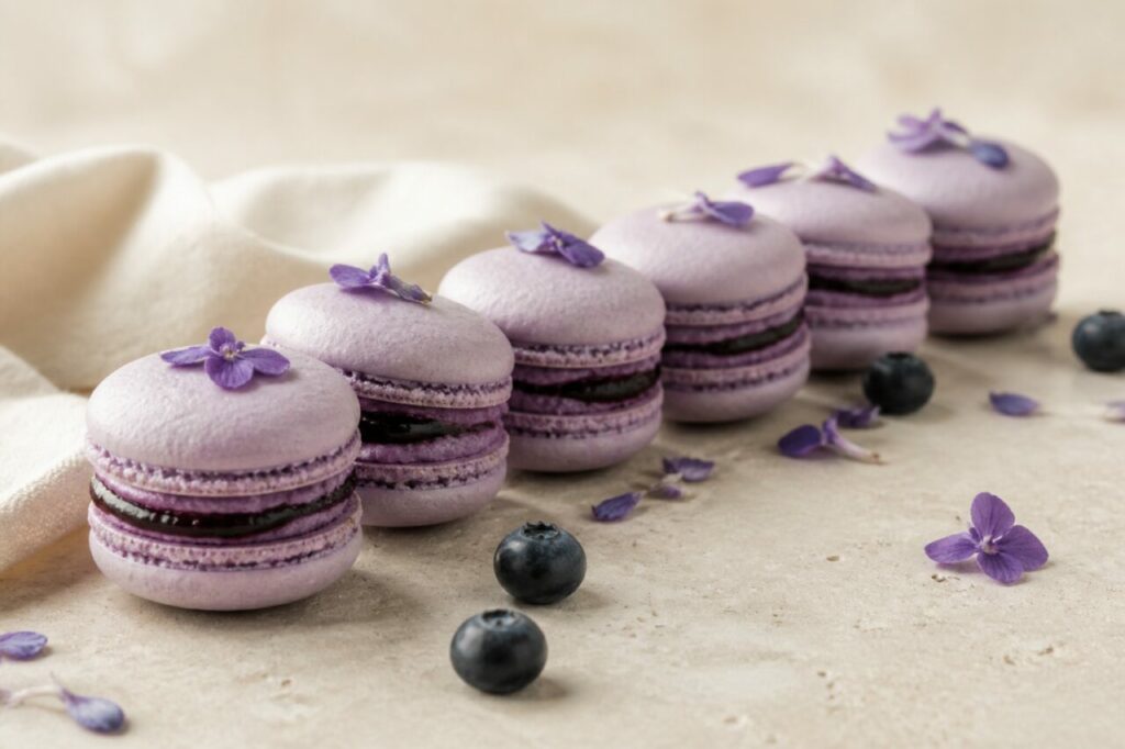 Una fila fiorita di macaron al mirtillo e violetta