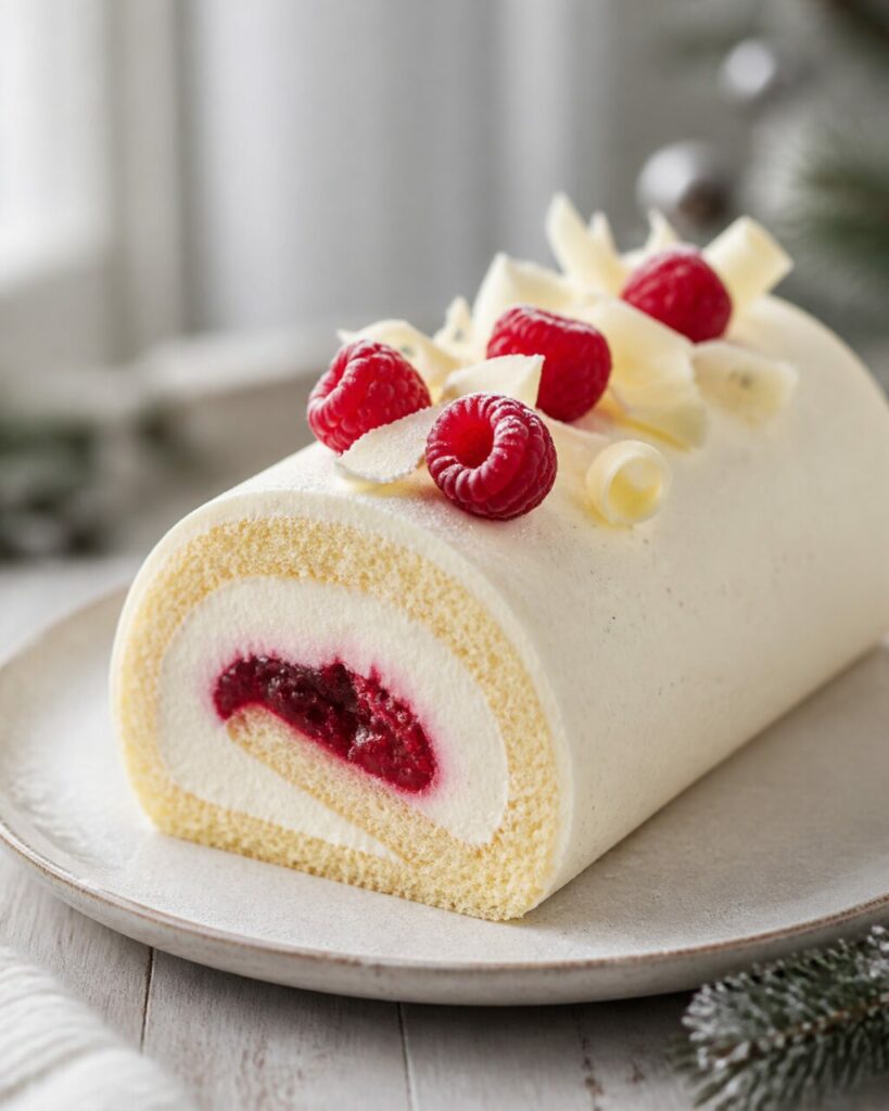 Une tranche dévoile le ruban fruité de la bûche vanille-framboise