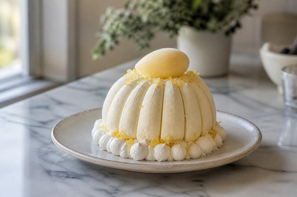 Vacherin citron-yuzu glacé — dôme citronné, boule acidulée et zestes