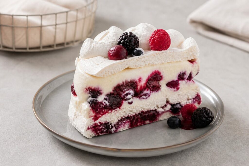 Vacherin glacé entamé avec coulis et fruits frais