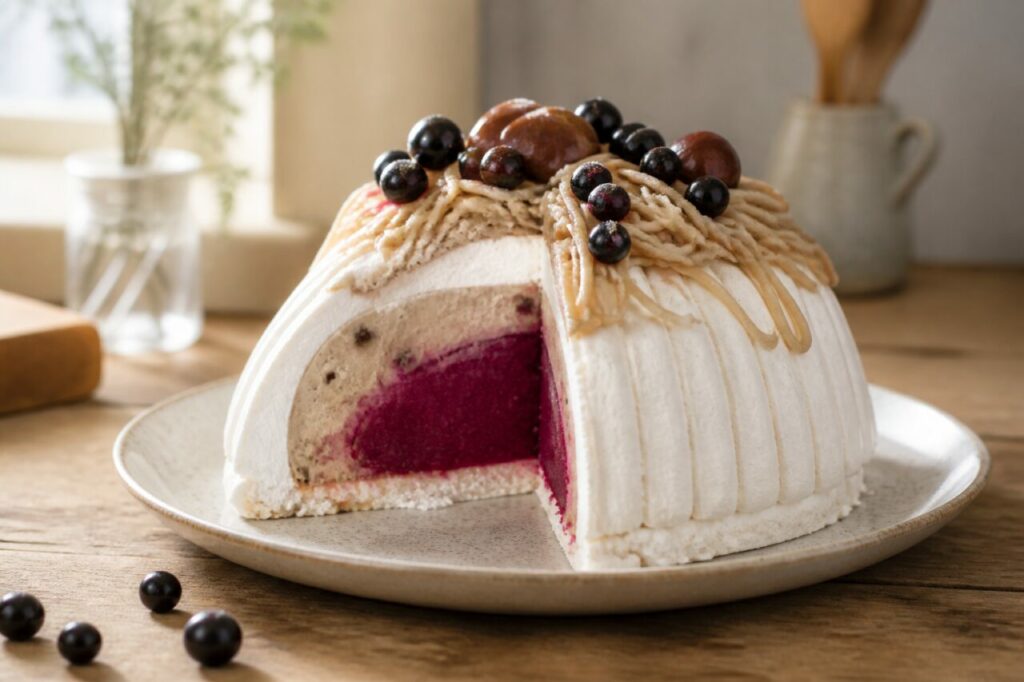 Maronen-Cassis-Vacherin, gefroren — angeschnittener Dôme mit Cassiskern und Maronencreme