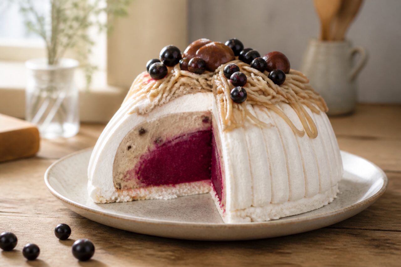 Vacherin marron-cassis glacé — dôme entaillé au cœur de cassis et crème de marron