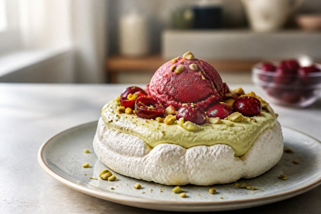 Pistachio sour-cherry frozen vacherin — pistachio ice cream, red sour cherry and chopped pistachios
