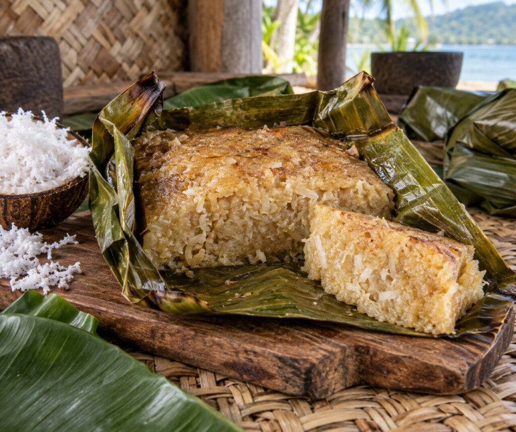 Vakalolo fidjien au manioc râpé et coco en feuille ouverte