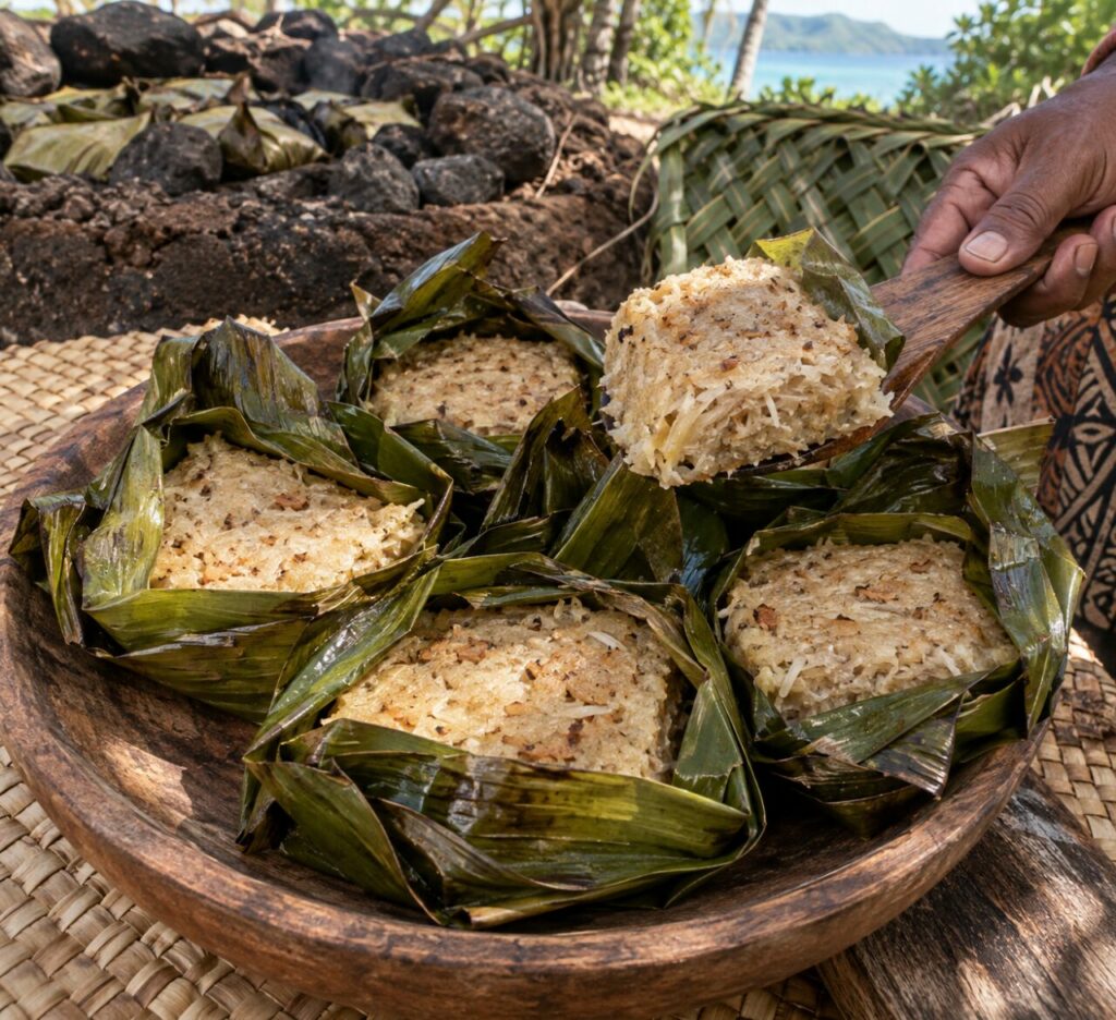 Vakalolo fidjien dense servi depuis un plateau lovo