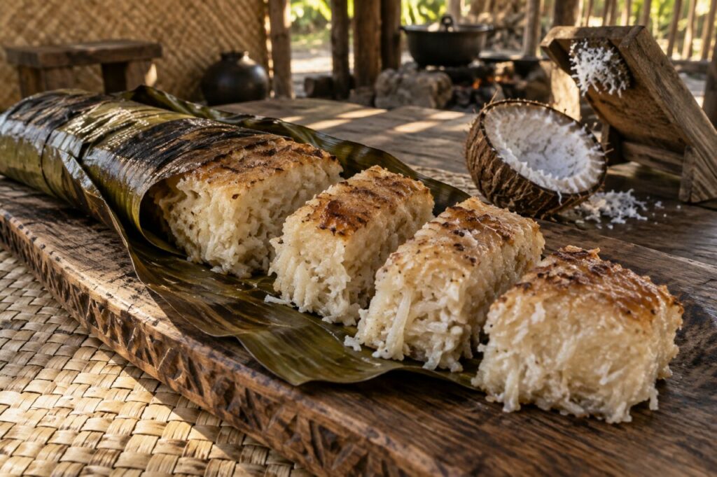 Vakalolo fidjien en rouleau tranché avec coco frais