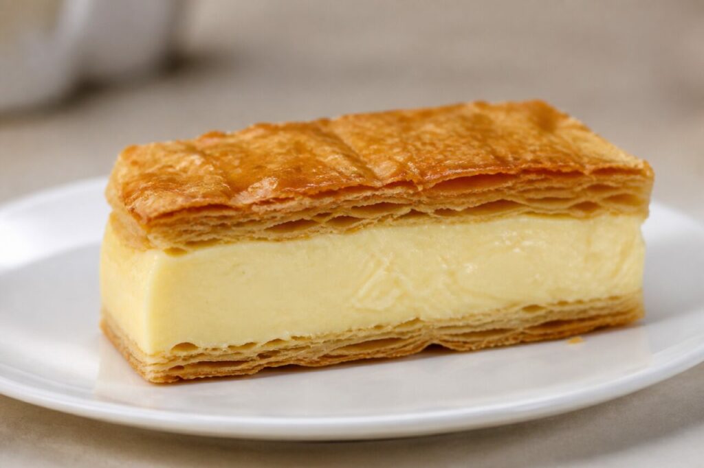 Doce australiano de salão de chá — vanilla slice australiana retangular com creme de baunilha liso e camadas douradas