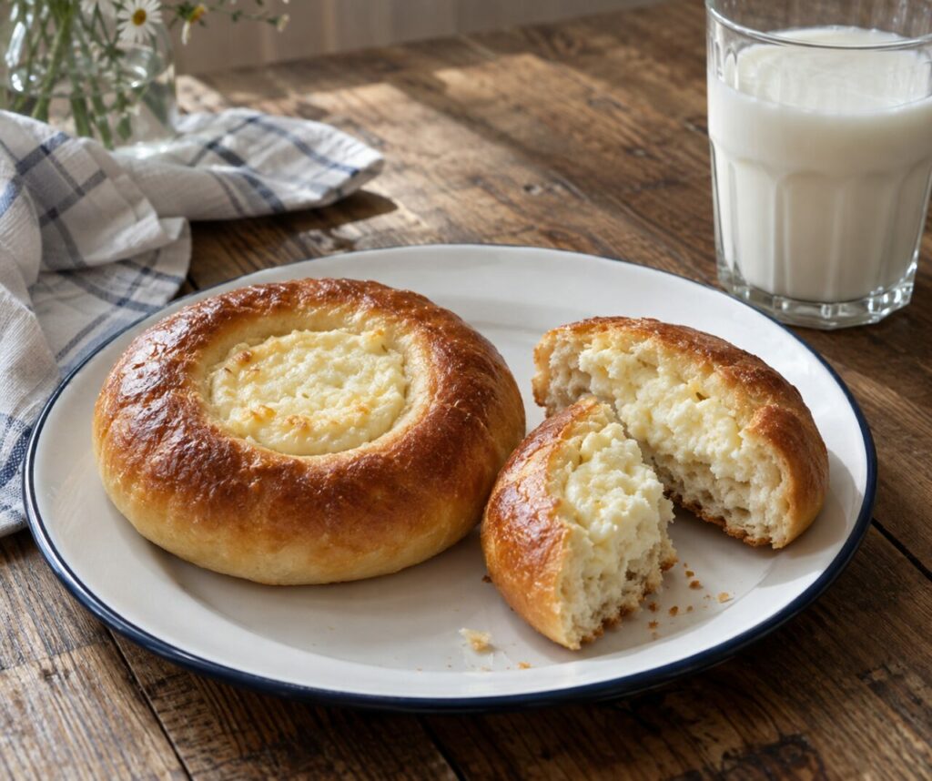 Verre de lait près de vatrushkas russes sur une assiette émaillée, dont une ouverte
