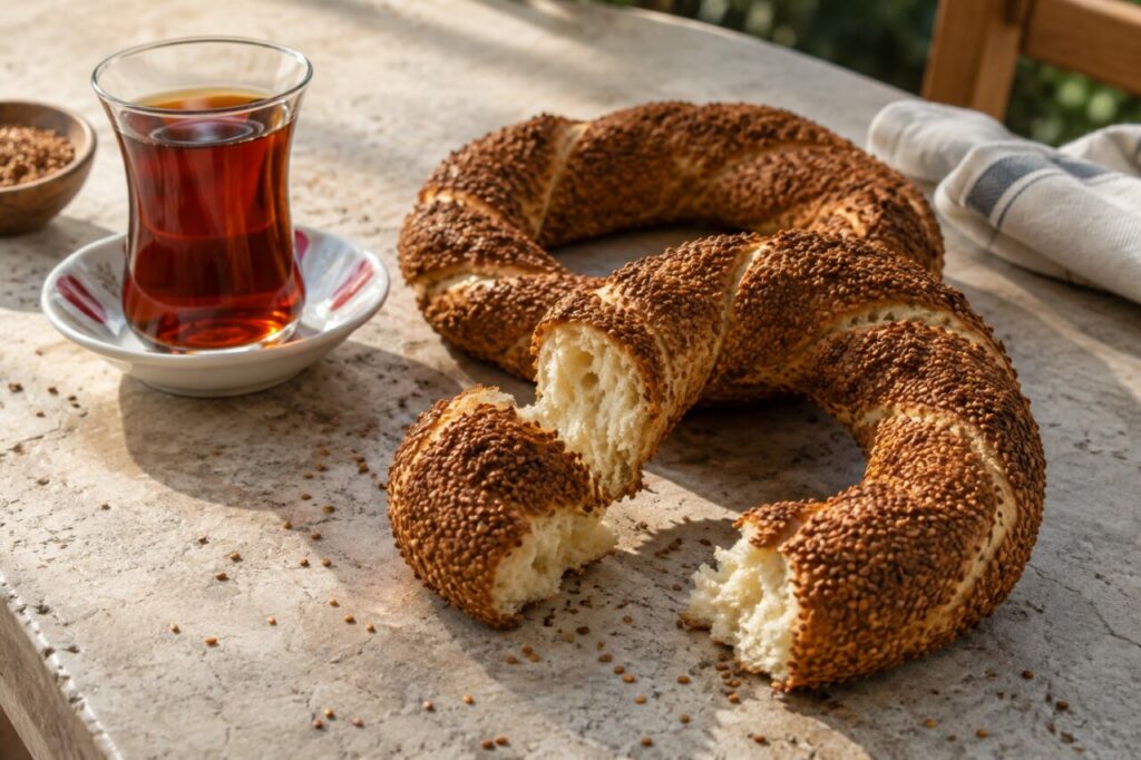 Verre de thé près de simit turcs au sésame sur pierre claire