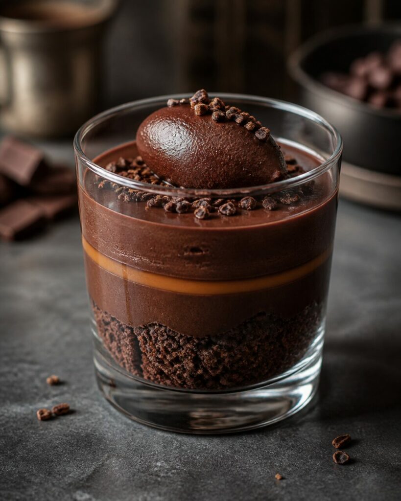 Verre haut de mousse au chocolat avec fine bande de caramel