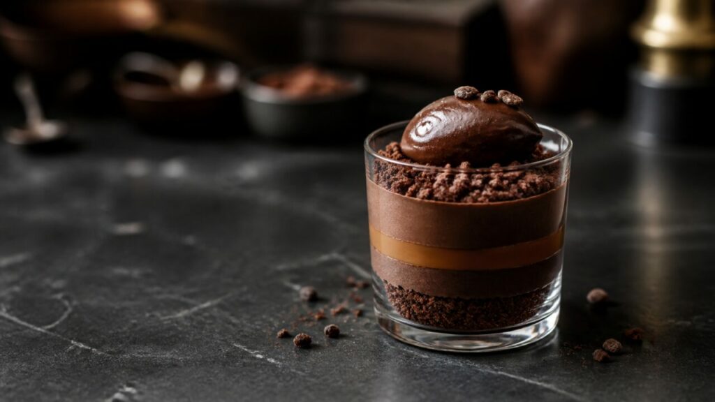 Verrine de mousse au chocolat servie sur un comptoir sombre