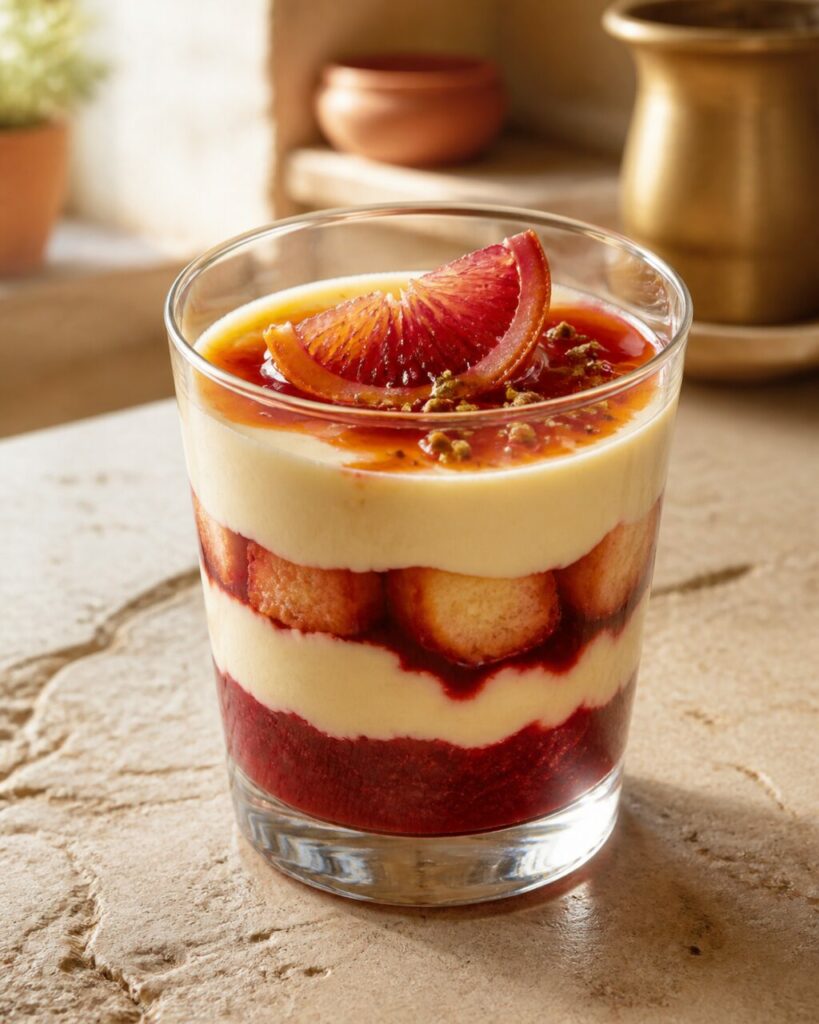 Verrine de tiramisu à l’orange sanguine avec quartiers d’agrume