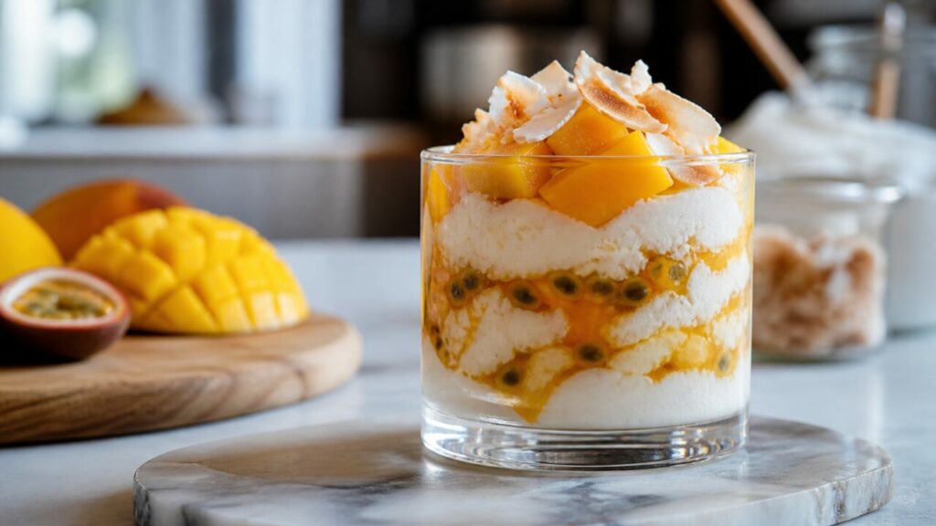 Verrine en couches de mangue, passion et coco grillé en garniture — Parfait glacé mangue-passion-coco en verrine