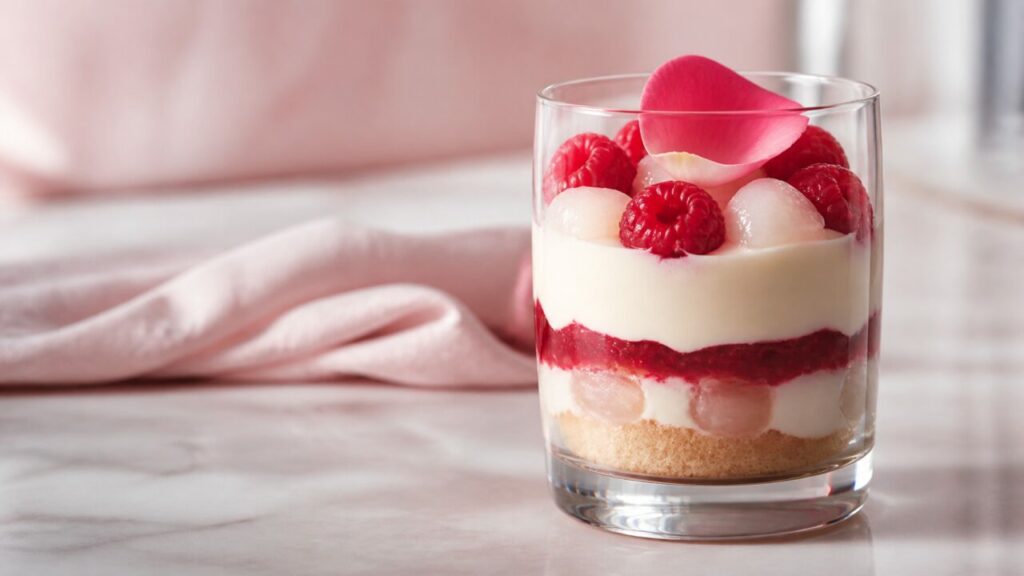 Verrine framboise, litchi et rose sur le marbre près d’une fenêtre