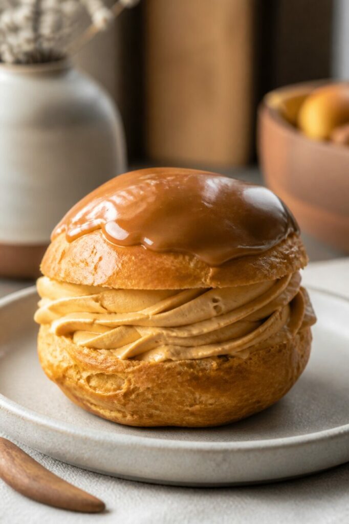 Crème pochée sous la couronne caramélisée du větrník