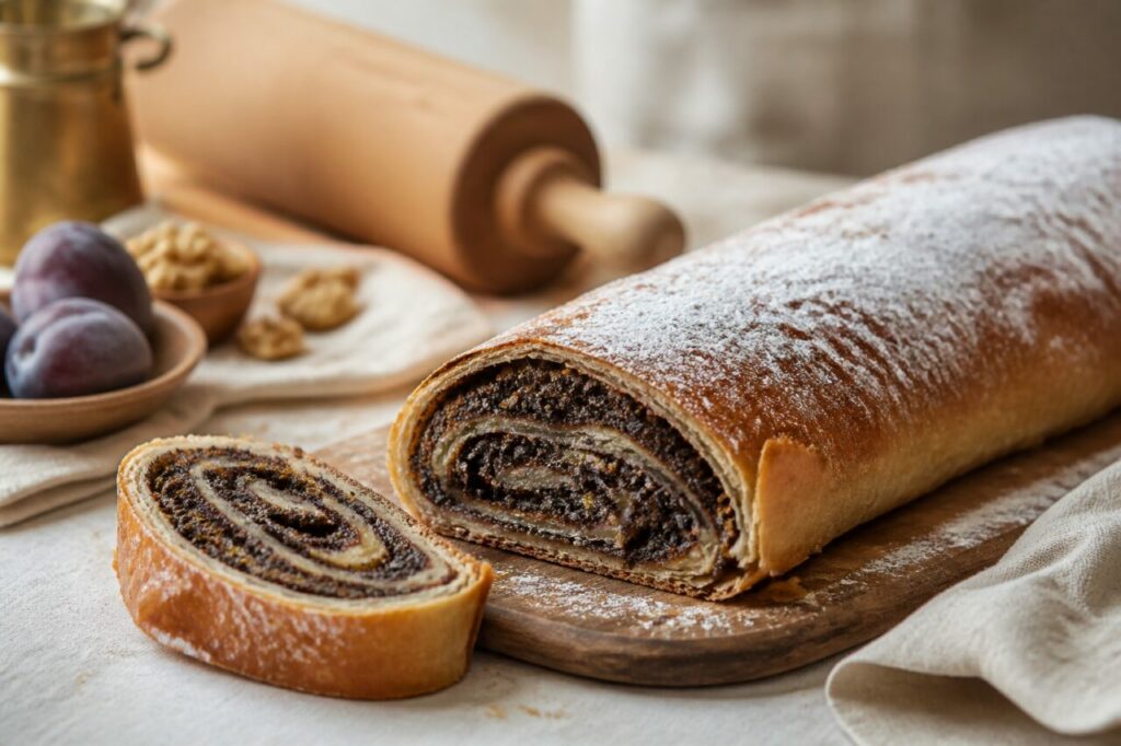 Volutes serrées de pavot emplissent le mohnstrudel sous son enveloppe dorée