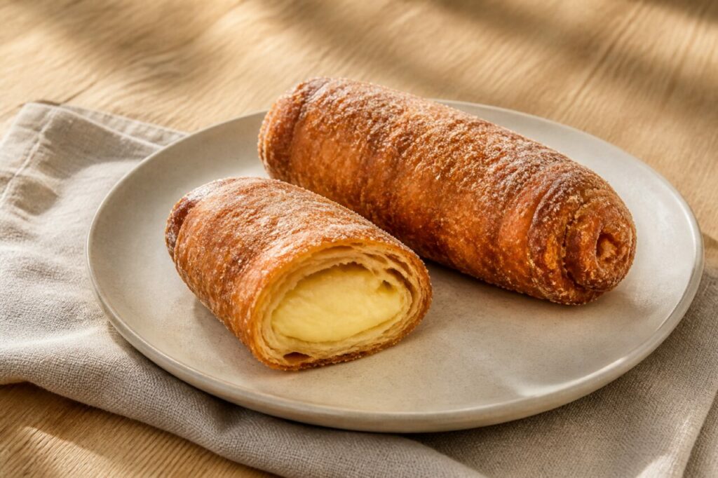 Doce tradicional catalão — xuixo cilíndrico e dourado de Girona, aberto para mostrar um creme pasteleiro liso