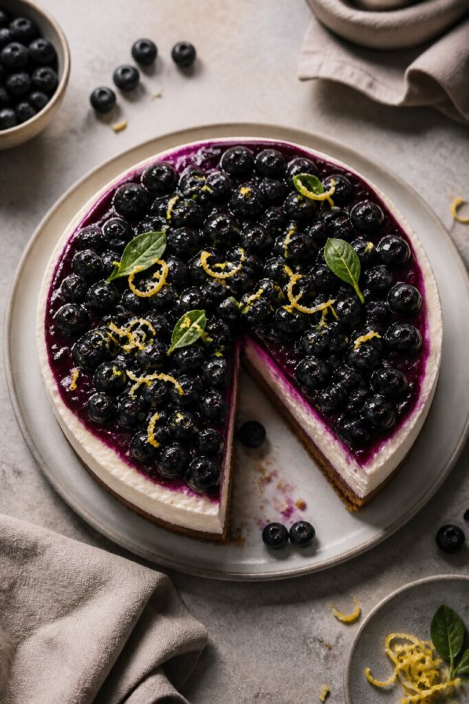 Zeste citronné en fins filaments sur le cheesecake myrtilles-citron