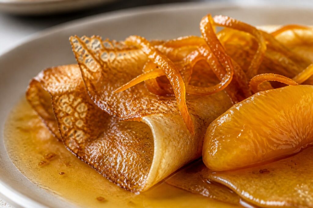 Fine orange zest rests among the glossy Crêpes Suzette